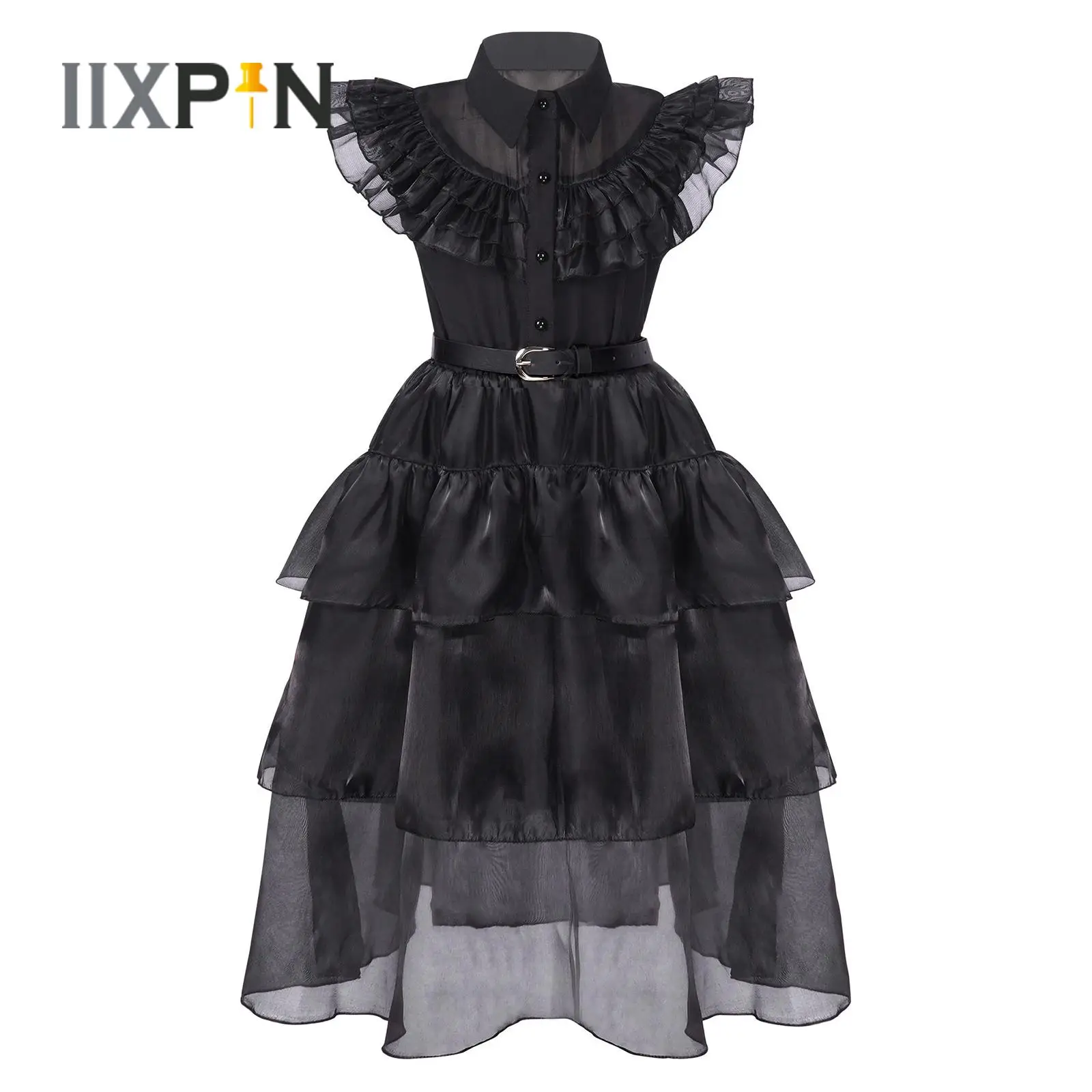 

Halloween Witch Cosplay Costumes Kids Girls Vintage Gothic Lapel Collar Sleeveless Flounce Mesh Addams Dress Fancy Party Dress