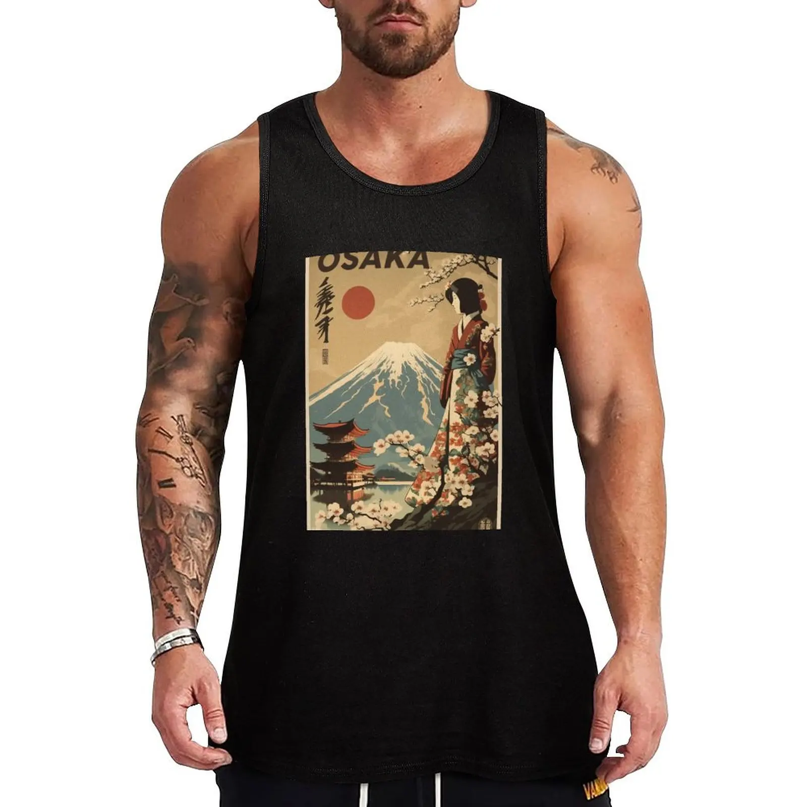 

Osaka Japan Vintage Travel Art Poster Tank Top Men sleeveless tee Man summer clothes gym t-shirts man