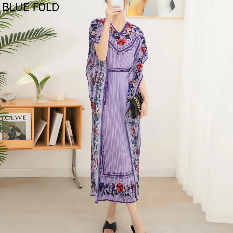 MIYAKE Pleated French Dress Spring New Style Women's High-end Printed Loose Large Size Bat Sleeve Waist Tie Long Dress PLEATS