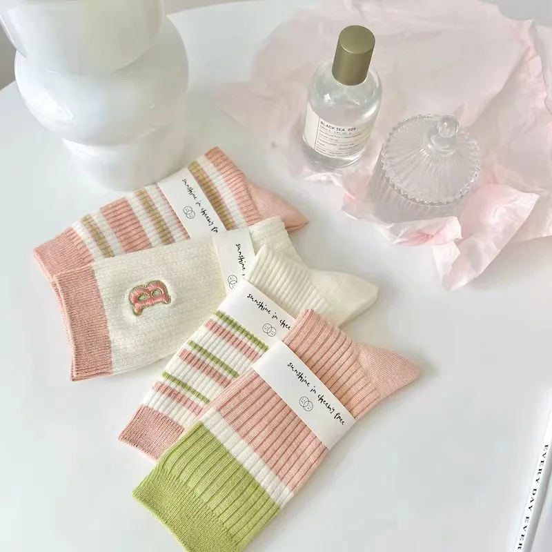 

4 Pairs Ladies' Socks Set Korean Sweet Letter Stripes Kawaii Cute Casual Preppy Verstaile High-quality Breathable Socks For Girl