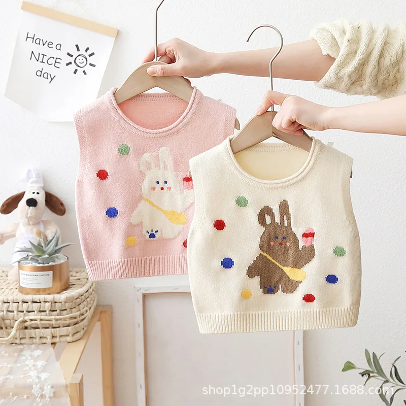 

Cartoon Rabbit Sleeveless Sweater for Kids Autumn Winter Knit Pullover Girls Crew Neck Warm Knitwear Fashion Sweater