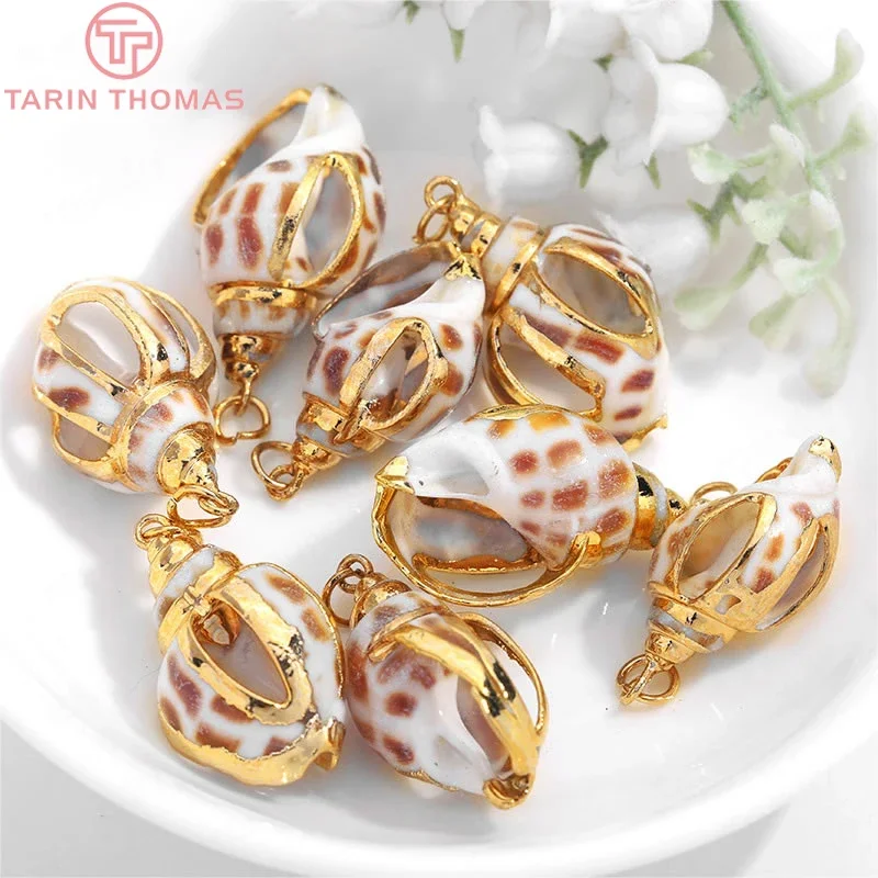 (590)6PCS 15x27MM 19x32MM 24K Gold Color Brass Cover Natural Conch Charms Pendants High Quality Diy Jewelry Findings Accessories