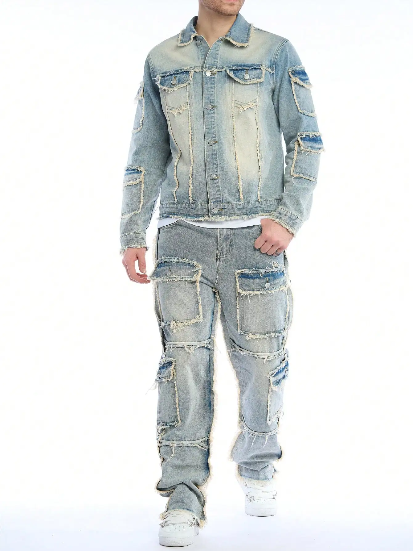 Set due pezzi in denim lavato da uomo di alta qualità (jeans + giacca di jeans) - Stile autunno e inverno