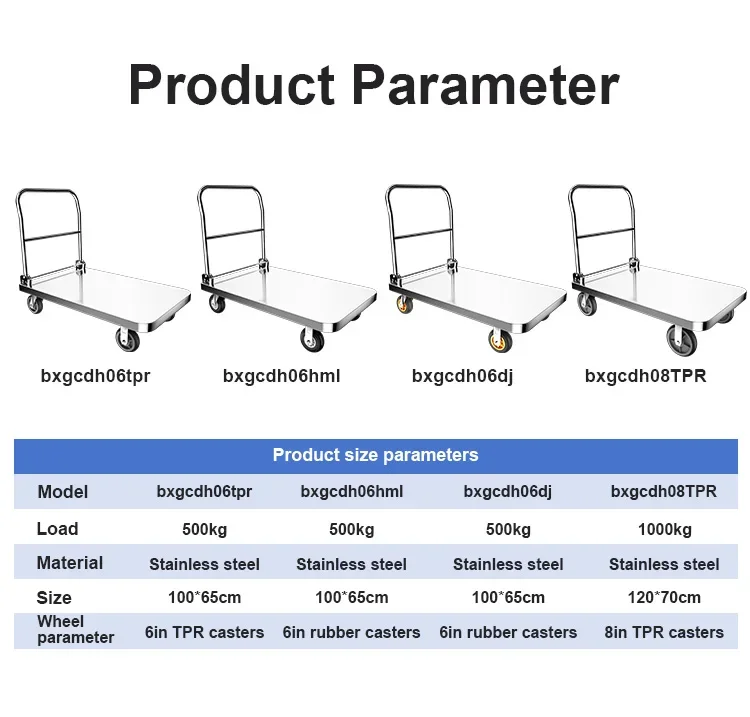 2026 1000kg 304 Stainless Steel Large Size 100*65cm Hand Truck Trolley Cart Heavy Duty Load Capacity  Hand Cart Platform Trolley