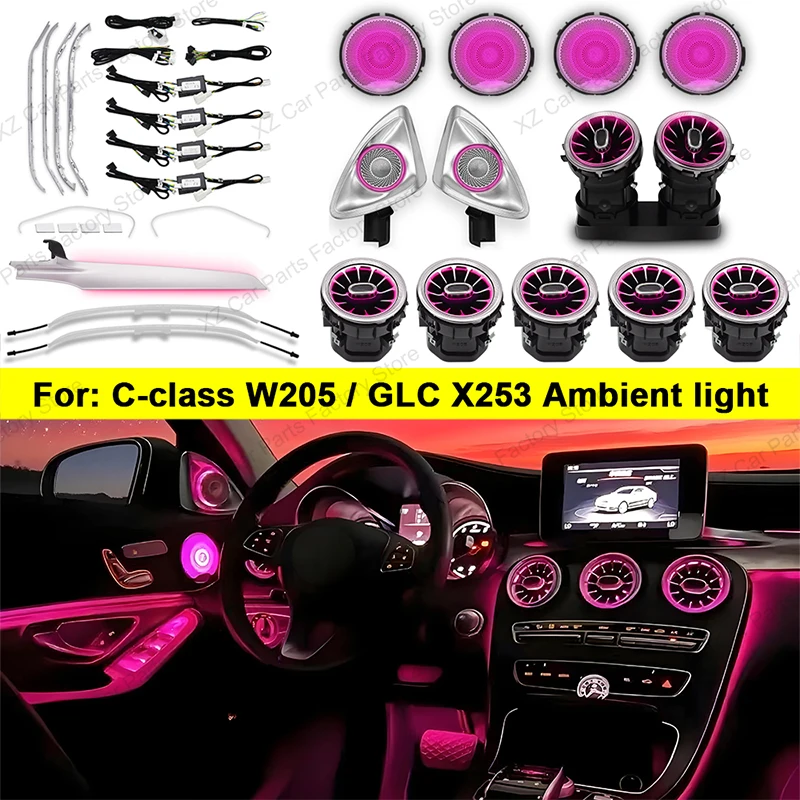 

3/64 Colour Car LED Ambient Light for Mercedes-Benz C/GLC Class Coupe W205 C43 C63 X253 LED Door Speaker Cover Vents RetrofitSet