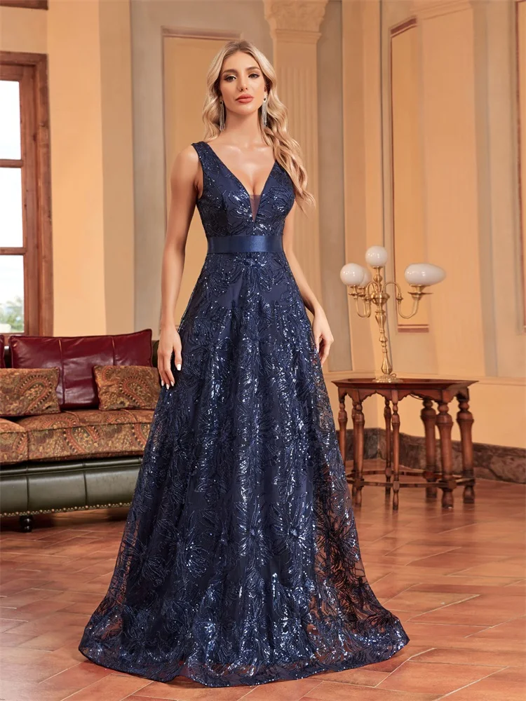 Lucyinlove Luxury  Deep V-Neck Sequins Blue Evening Dress Women Elegant V-back Wedding Party Long Prom Cocktail Dress