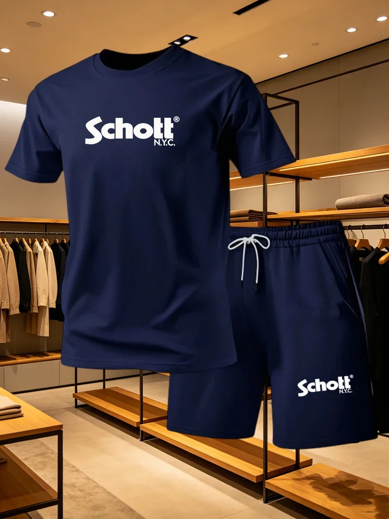 Traje Casual para Hombre, Moderno y Minimalista, con Estampado de Letras SCHOTT, Deportivo, de Verano, de Secado Rápido, Camiseta de Manga Corta y Pantalones Cortos