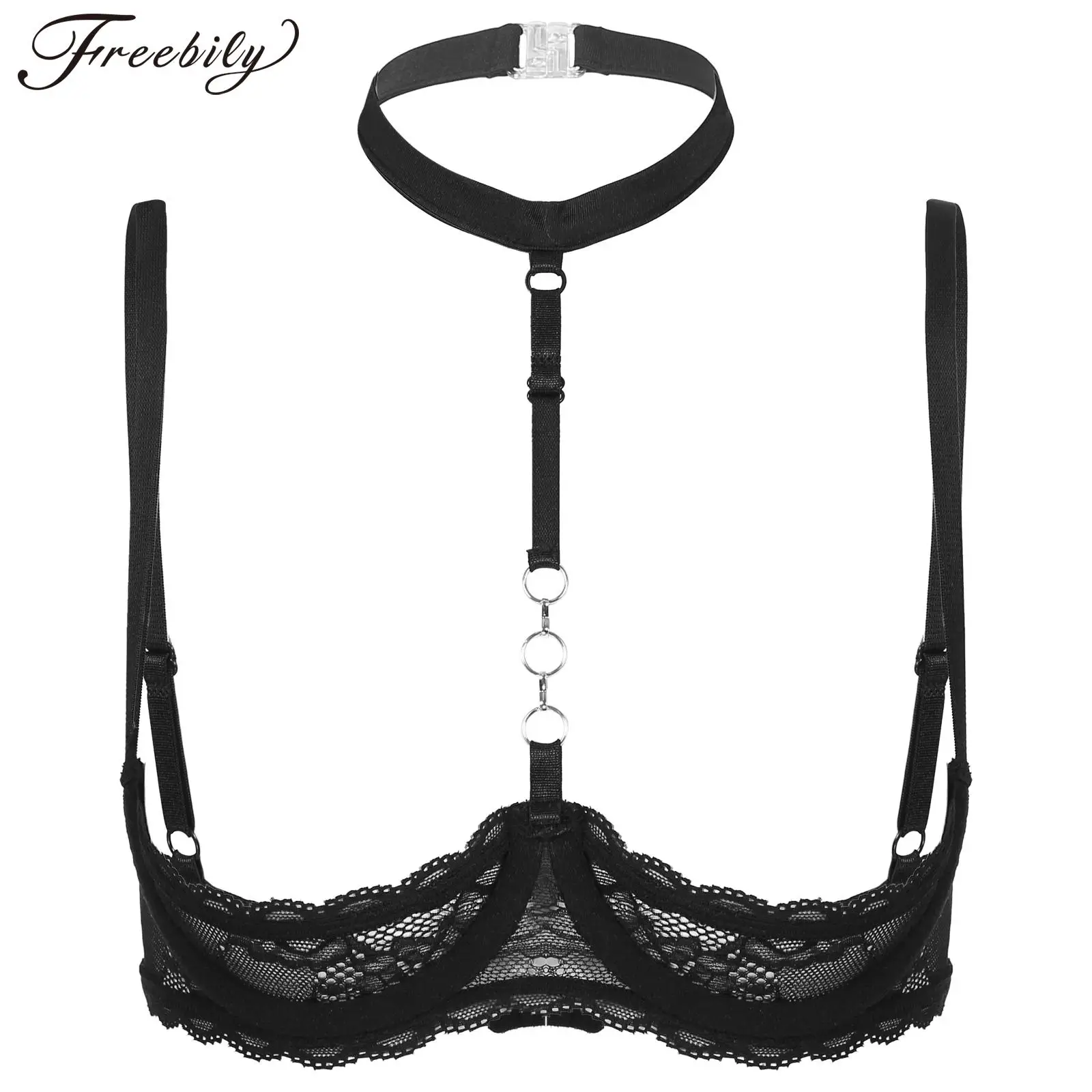 Sexy See-Through Sheer Lace Brassiere Lingerie Underwear Women Halter O Ring Push Up Bras Female 1/4 Cups Underwire Bralette