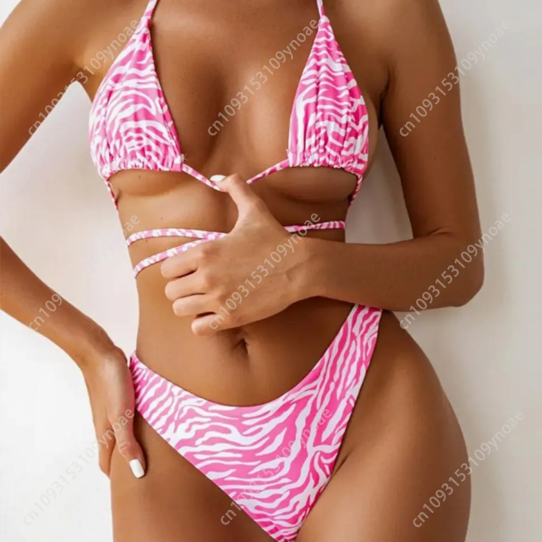 Retro Leopard Zebra Print Swimsuit Sexy Women Split Bikini Sling Triangle Swimsuits Thong Sports Swimsuit with Chest Pad Beach