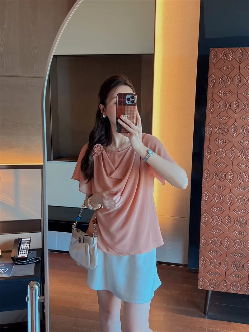 Camicette da donna in chiffon Camicie a fiori coreani MODA Allentate Primavera/Estate Abbigliamento vintage Top da donna a maniche corte tinta unita