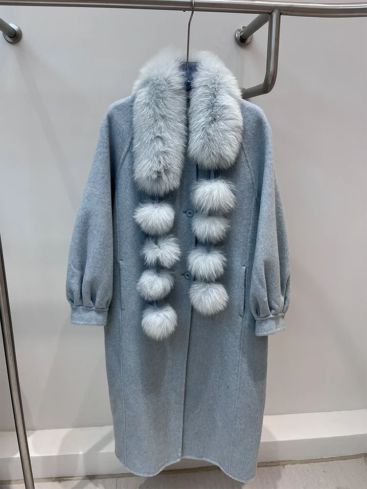 Zimowa kurtka z prawdziwego futra damska długa kaszmirowa wełniana płaszcz z naturalnym kołnierzem z futra lisa szal luksusowa gruba odzież wierzchnia damska