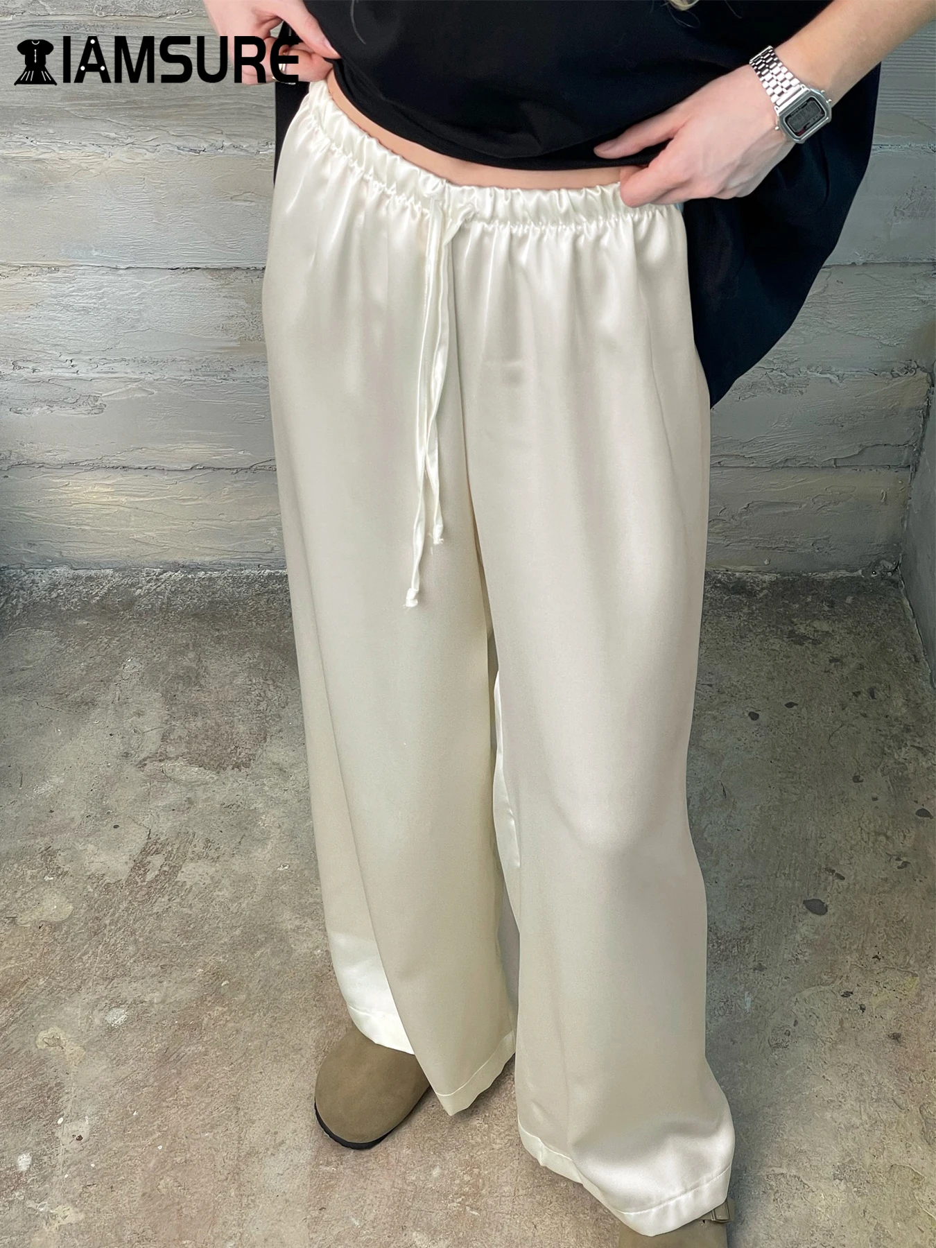 IAMSURE Casual Solid Satin Wide Leg Pants Basic Bandage Low-Waisted Straight Pants Women 2024 Autumn Spring Elegant Fashion Lady