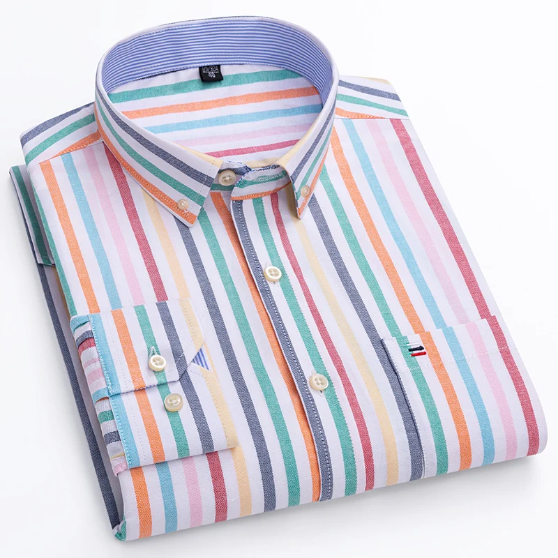 S~7XL Men's Casual Fashion Shirt Long Sleeve Pure Cotton Oxford Breathable Plaid Stripe Business Social Men's Clothes