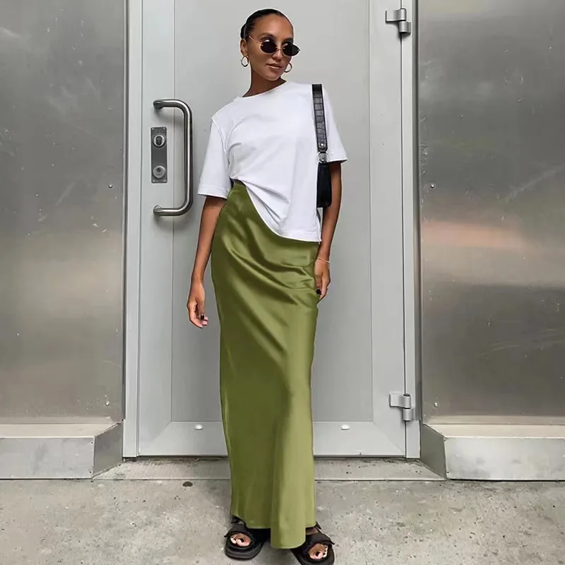 Hxao-女性用サテンモノクロスカート、ハイウエストスカート、シルクテクスチャ、エレガントなストリートウェア、スリムスカート、夏、2024