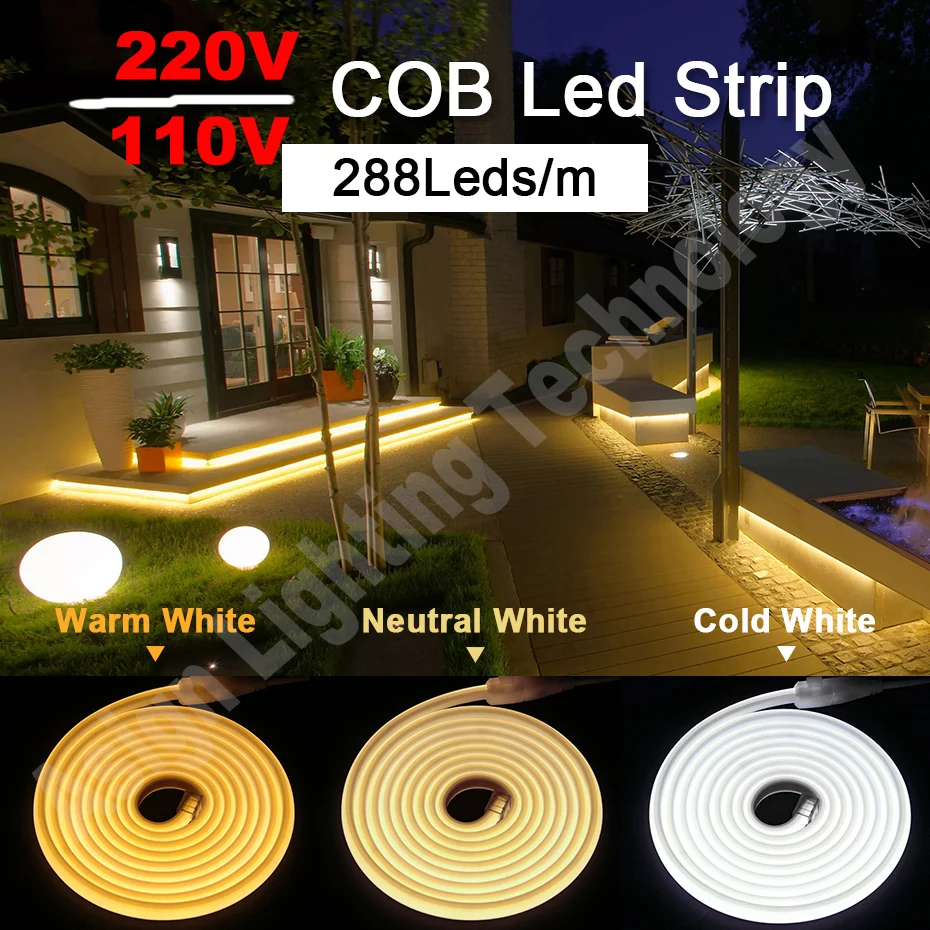 

220V/110V LED COB Strip Light 288Leds/m 50m 30m 20m Flexible Tape IP65 Waterproof for Home Garden Lighting