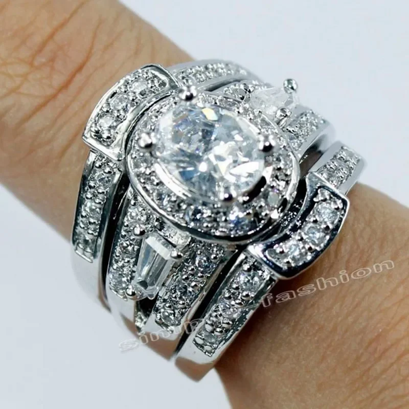 Vintage 3-in-1 Jewelry Lab Diamond Ring Set White Gold Engagement Wedding Band Rings for Women Gift