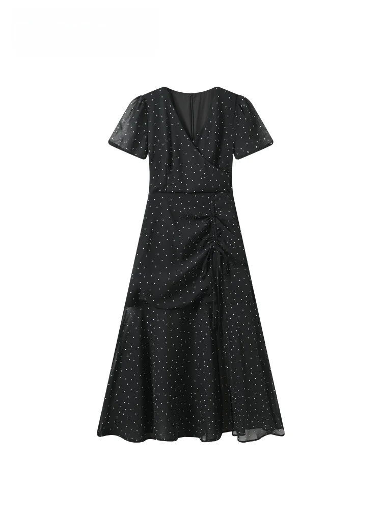 

Summer New plus Size Women's Dress Cara CLUB Short Sleeve Waist Cinched Polka Dot Black Dress French Style Casual Polyester F...