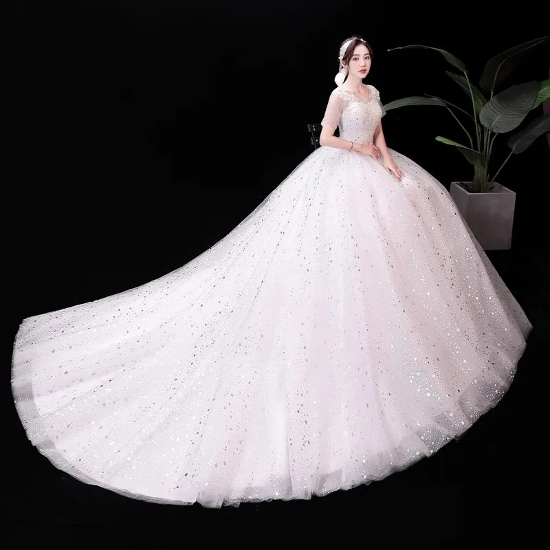 It's Yiiya Wedding Dress White Bling Appliques V-neck Short Sleeve Lace up Floor length Plus size Princess Bride Ball Gown XN143