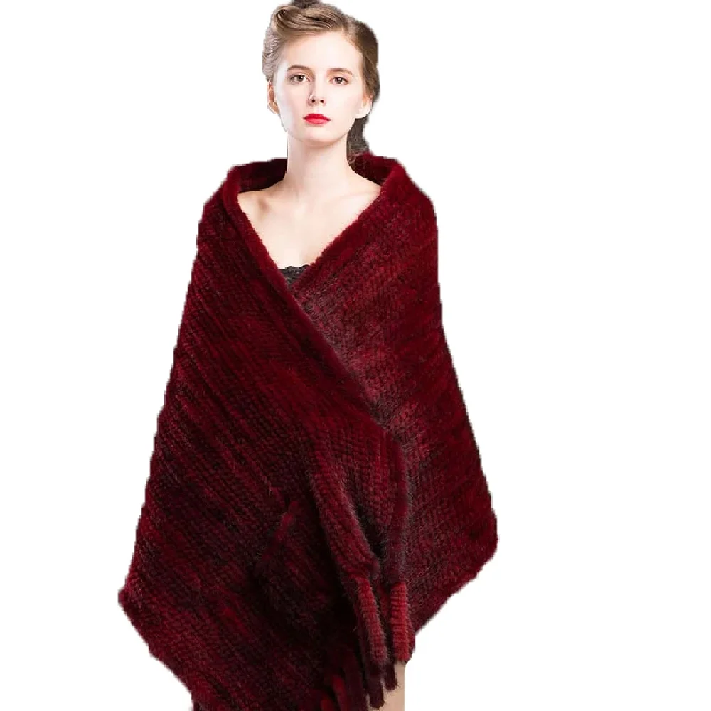 Shawl  Women's Winter Real Mink Fur Female Scarves Wraps Lady Cape Fashion Wine Red Warm