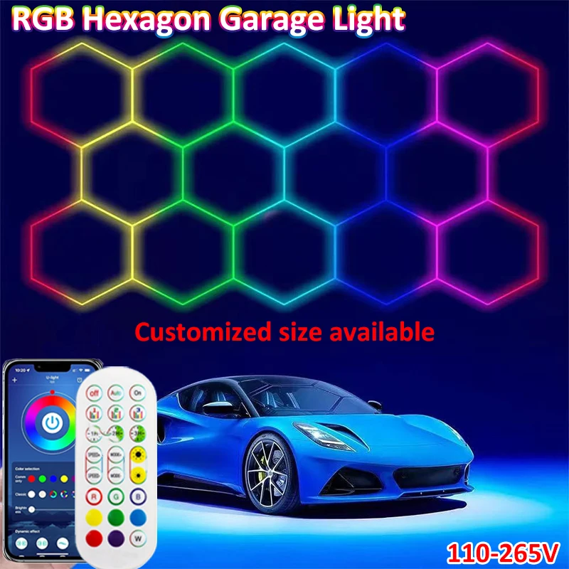 

Customized Honeycomb Hexagon LED Lights RGB Garage Ceiling Light APP Remote Control 110-265V for Car Detailing Shop Warehouse