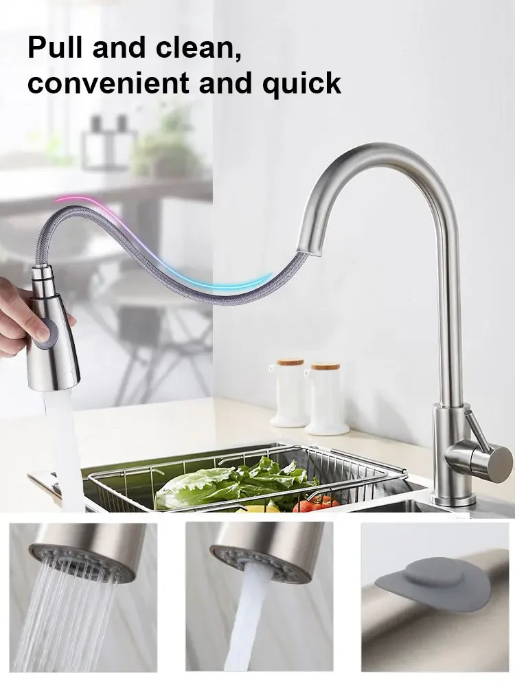 Pull Out Kitchen Faucet Silver Brushed Sink Water Tap Single Hole Handle Mixer Tap 360 Rotation Faucet