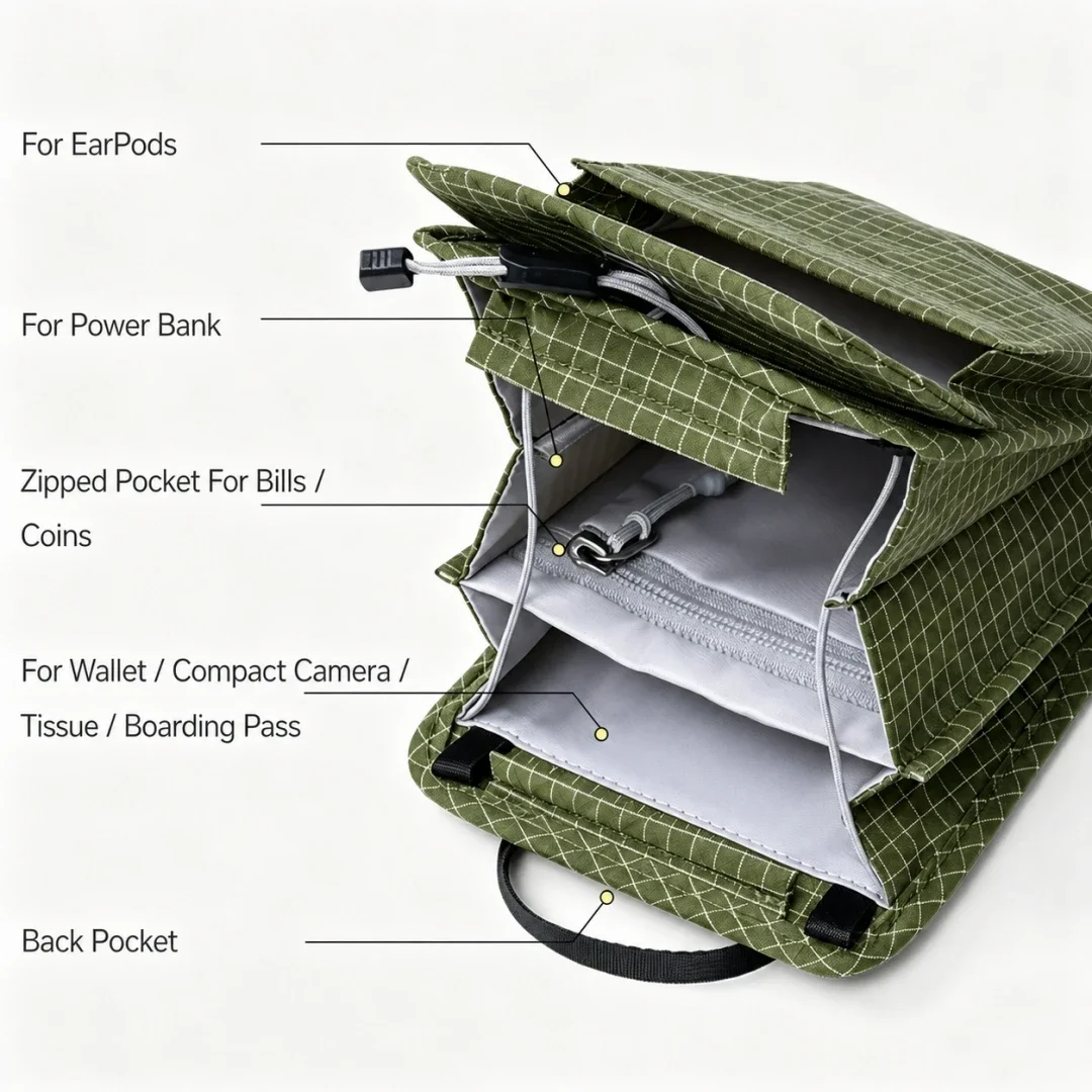 Mehrfach-Taschen-Akkordeon-EDC-Slingbag mit Kordelzugverschluss, leichte Reise-Handytasche – Detail 1