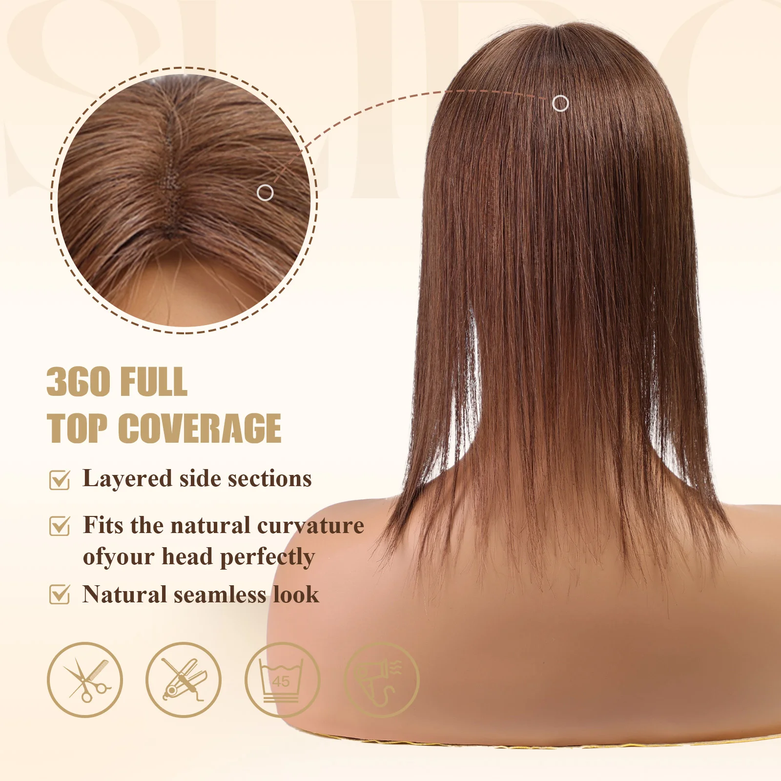 Rambut Palsu Cokelat Tua 100% Remy Human Hair Topper Belahan Tengah untuk Wanita Rambut Rontok Basis Sutra Lace 3 Jepit Rambut di Atas Kepala