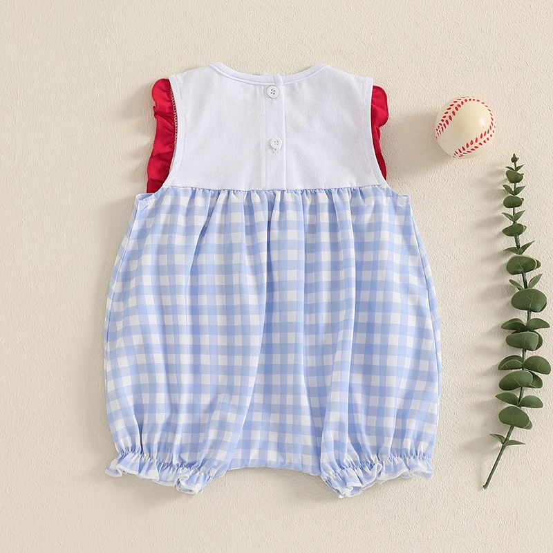 Baby Girl Boy Summer Romper with Two Pockets O Neck Sleeveless Plaid Baseball Element Print Cute Fashion Infant Bodysuit