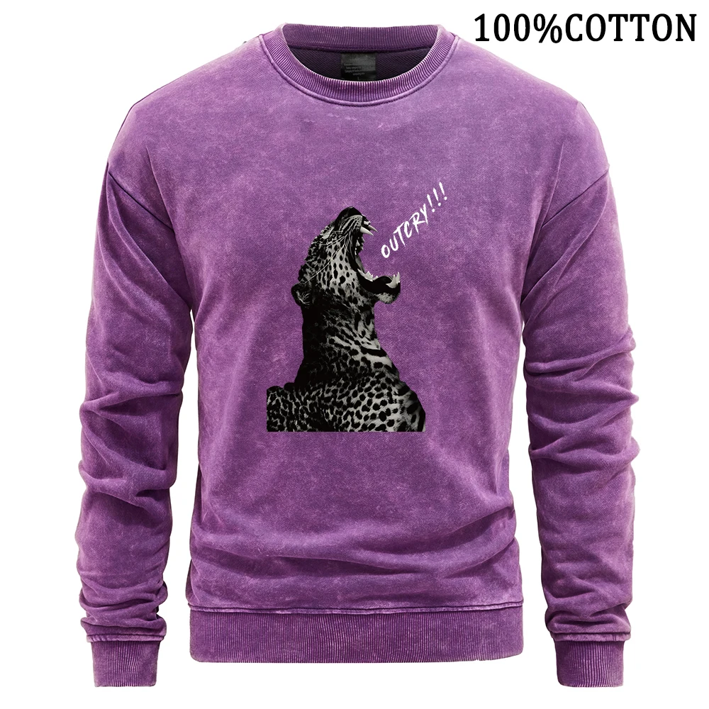 Roaring Leopard Man Sweatshirt Vintage Washed Hoodie Flexible Comfort Cotton Hoody Oversize Loose Crewneck Sweatshirts New Tops