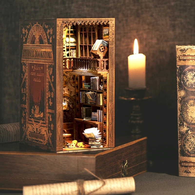 

DIY Wooden Book Nook Kit Eternal Bookstore Wooden Dollhouse with Touch Light & Display Case, Laser-Cut Collection Decoration