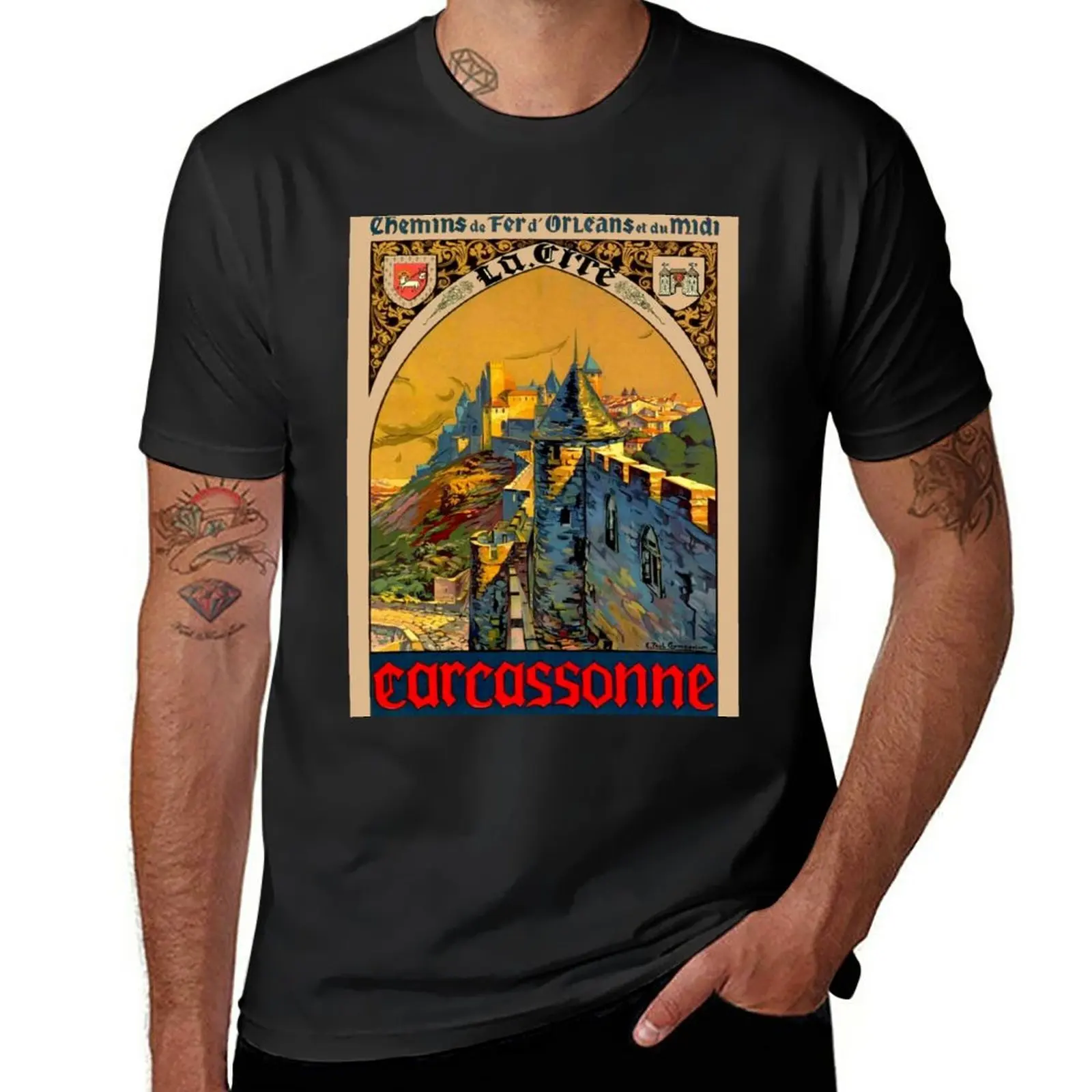 CARCASSONNE FRANCE : Vintage Travel and Tourism Print T-Shirt boys whites customizeds hippie clothes mens workout shirts