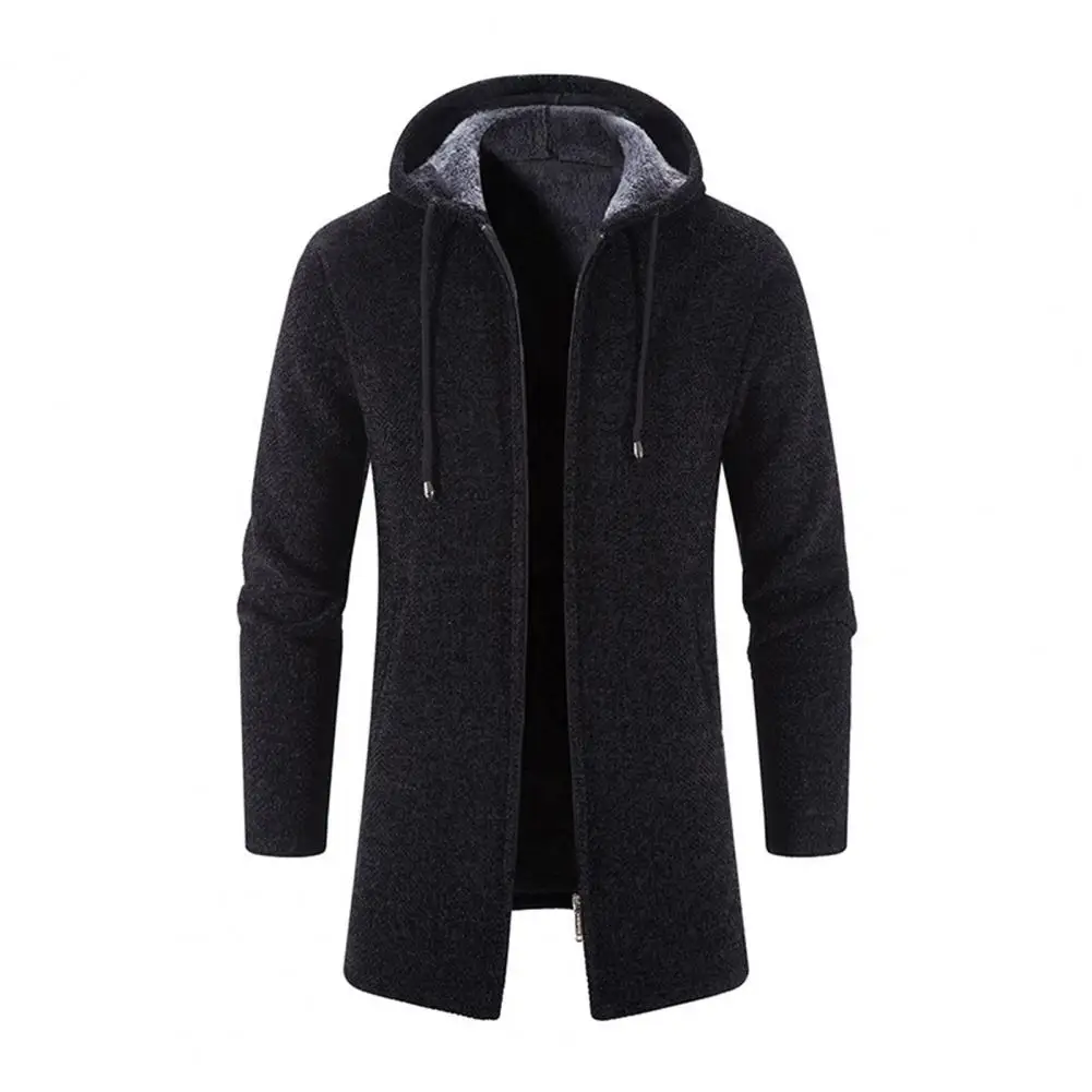 Men Knitting Jacket Warm Winter Coat Hooded Drawstring Long Sleeve Jacket Zipper Placket Mid-length Sweatshirt Male Knitwear