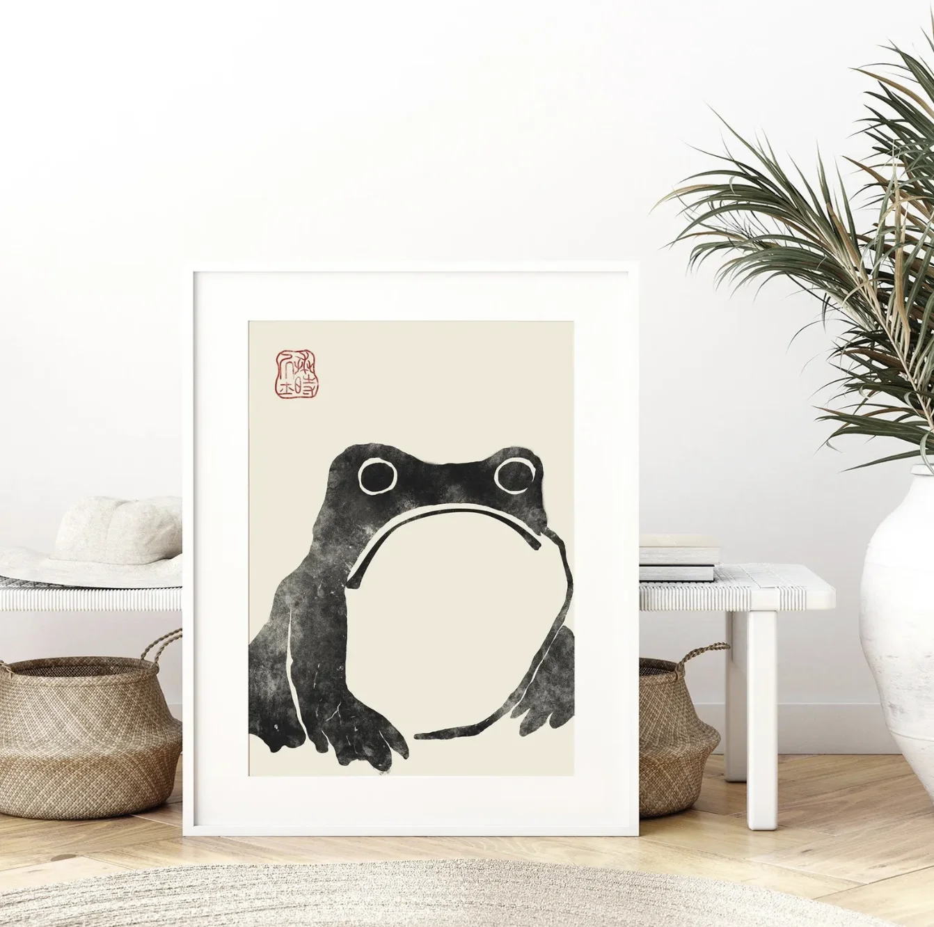 Oriental Sumi-e Frog Canvas Wall Art, Black Ink Toad Red Stamp Poster Decor for Bedroom Study Living Room Home