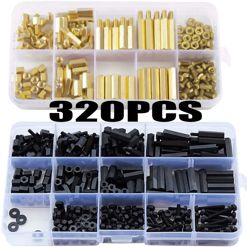 

320/240/180pcs M2 M3 M4 Brass Hex Standoff Nut Spacing Screw Assortment Male Female Threaded Hollow Pillar PCB Motherboard Space