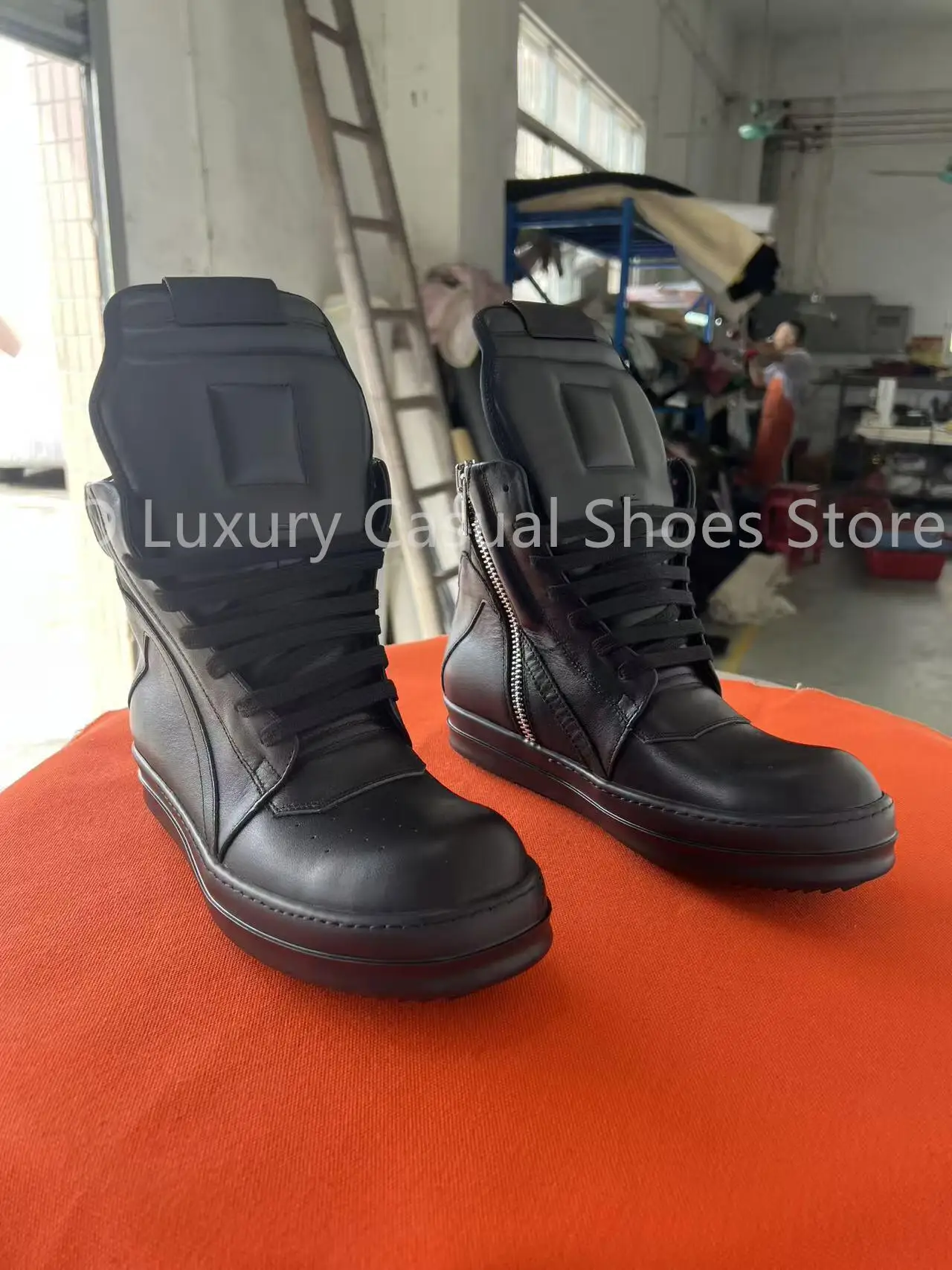 

R-o Quality Men Shoe All Black Leather Ankle Boot Outdoor Boots High Top Casual Shoes Zipper Women Sneaker Flat Cowhide Sneakers