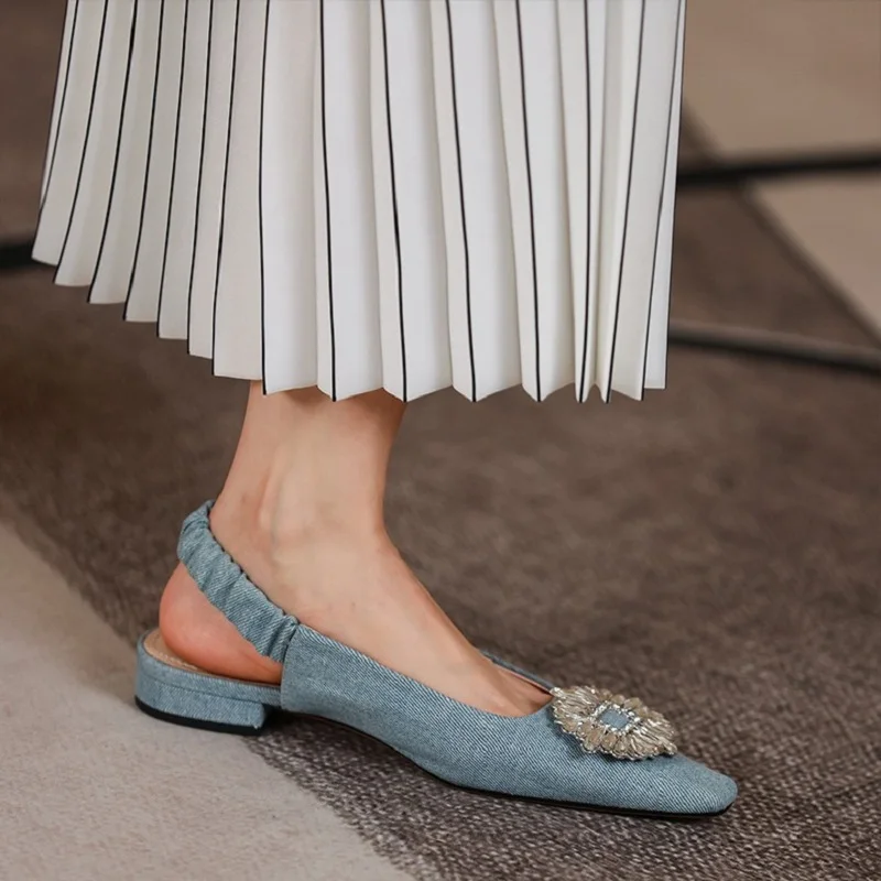 Woman Flats Denim Simple Shoes  With Crystals Slip On Spring  Summer Sandals Slingbacks Flat Shoes For Women Blue Silver