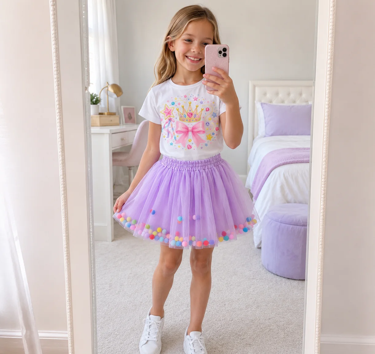 2Pcs Girls Princess Outfit Crown Bow Print Short Sleeve T-Shirt Purple Pom Pom Tutu Tulle Skirt Kids Summer Birthday Party Balle