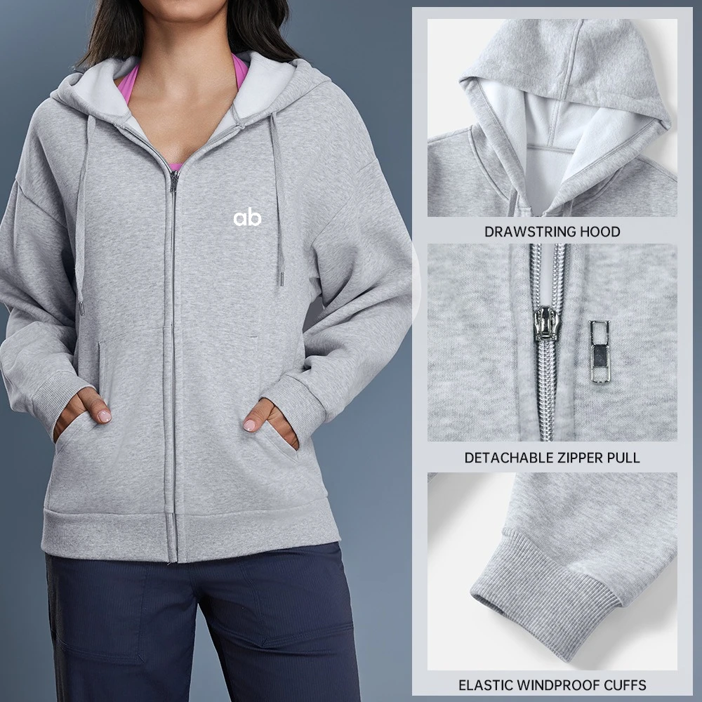 Women Autumn Winter Fleece Lined Full Zip Hoodie Oversized Loose Warm Hooded Casual Streetwear Sweatshirt Jacket view 2