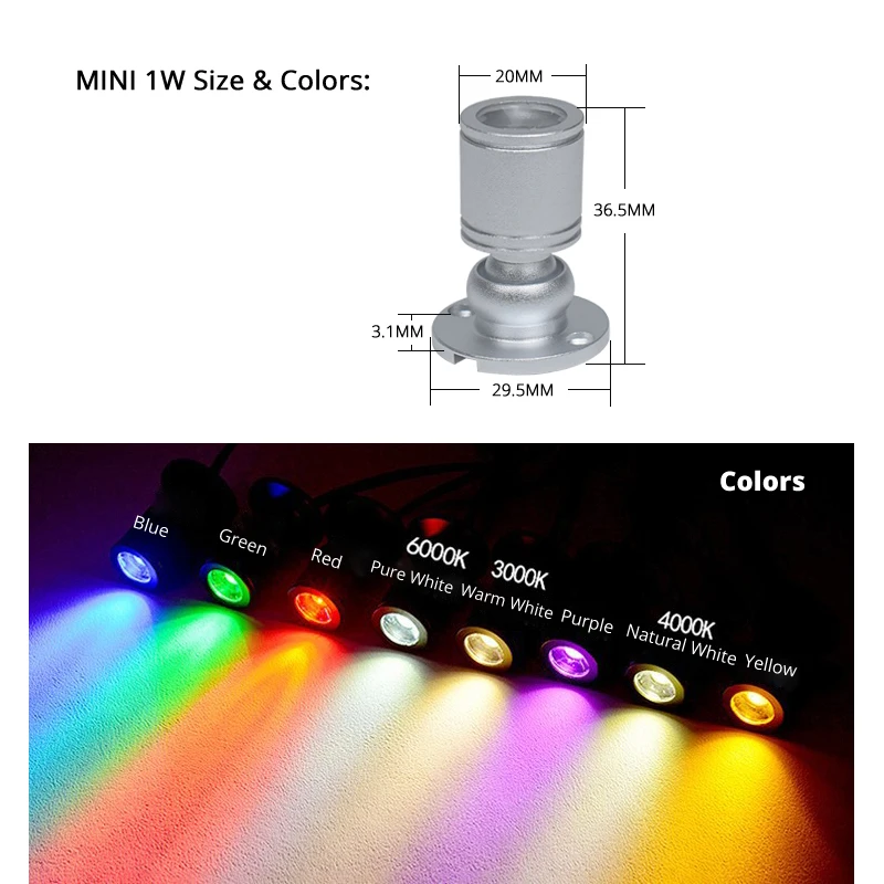 

Mini 1W Cabinet LED Spot Lighting Display Case Shop Counter Lamp 110lm Bean Angel 30 Focus Jewelry Rotating Light Surface Mount