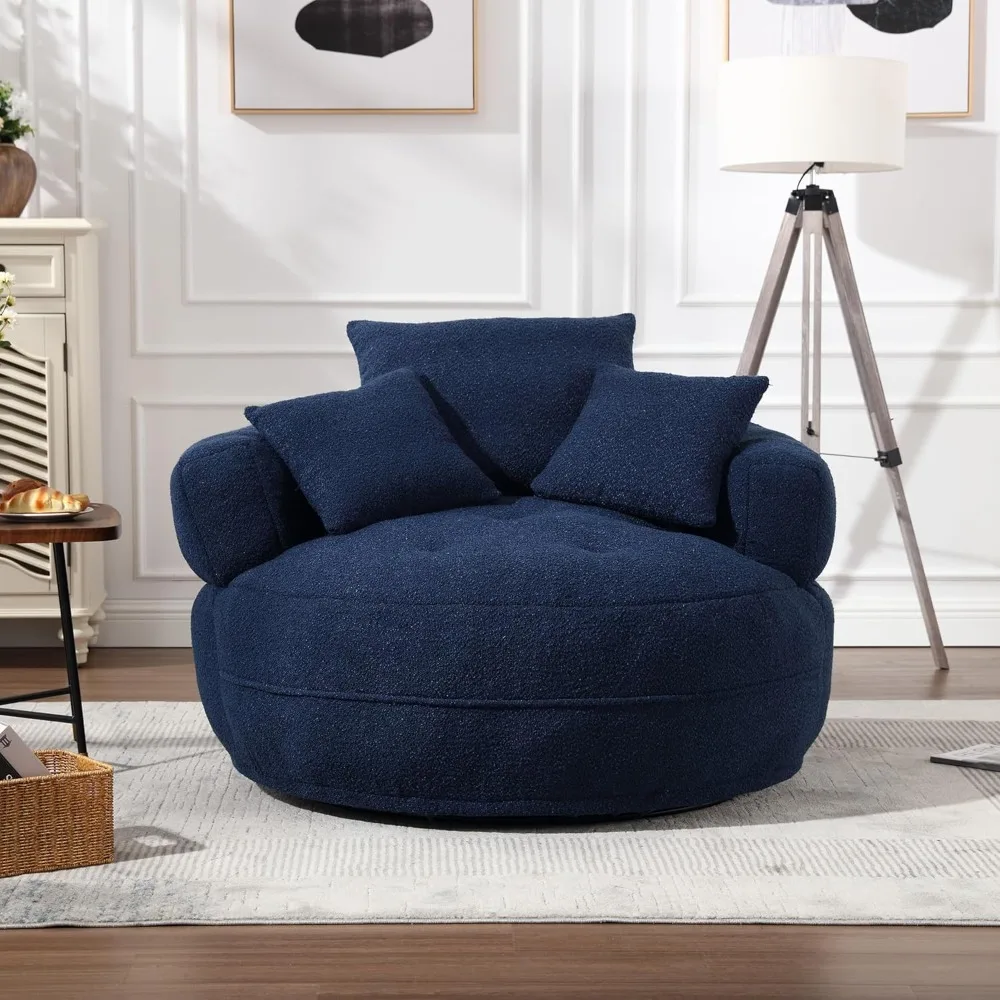 360 Degree Swivel Barrel Accent Chairs, Round Lazy Chair with 3 Pillows, Comfy Armchair for Hotel, Living Room, Bedroom, Navy