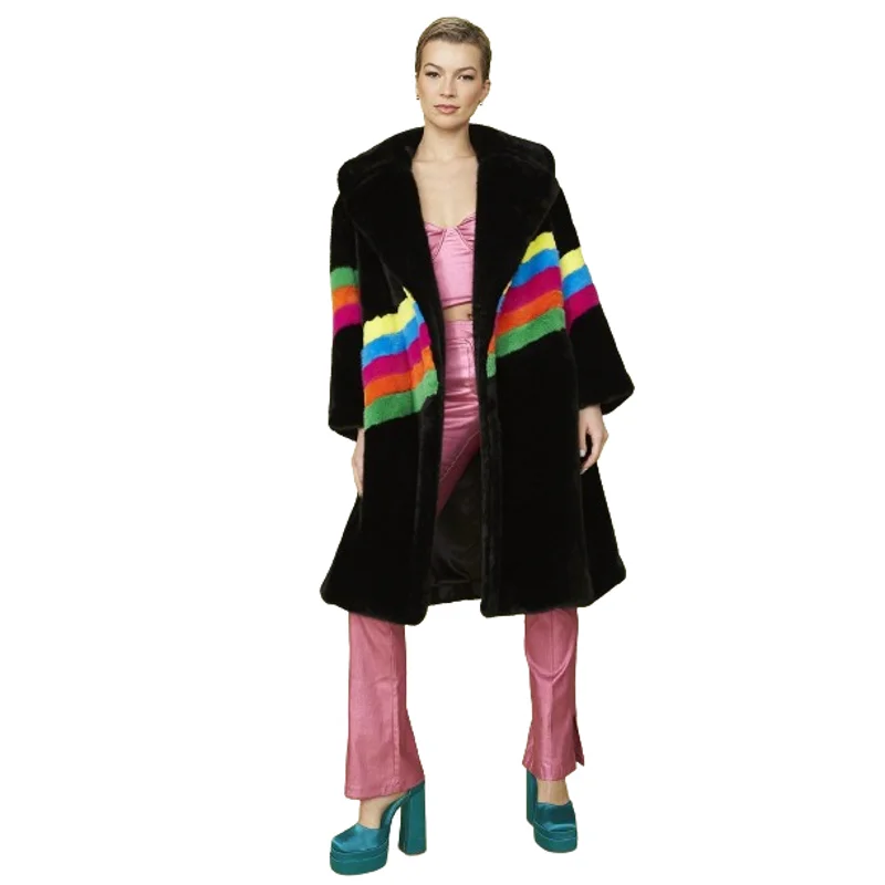 Cappotto di pelliccia di visone finto delle nuove donne giacca lunga Patchwork arcobaleno morbido e confortevole cappotto di pelliccia sintetica