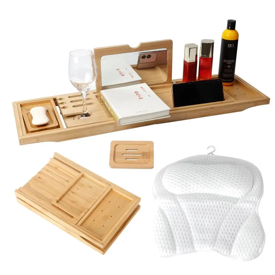 

Роскошный раскладной бамбуковый поднос-столик для ванны с зеркалом и подушкой для ванны, мягкая 4D сетчатая подушка для ванны