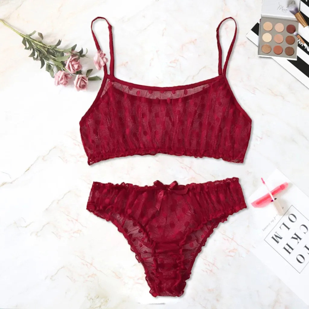 Women Polka Dot Lace Underwear Sets Babydoll Lingerie Polka Dot Mesh Frill Trim Lace Lingerie Set Top Lace Transparent Bra Pajam