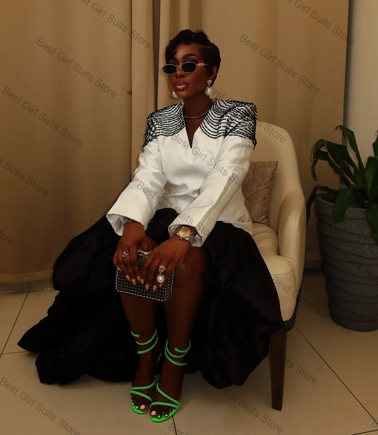 

Black White Beaded Women Suit 1 Piece Long Blazer Prom Dress Formal Office Lady Jacket Customized Cotton Wedding Coat