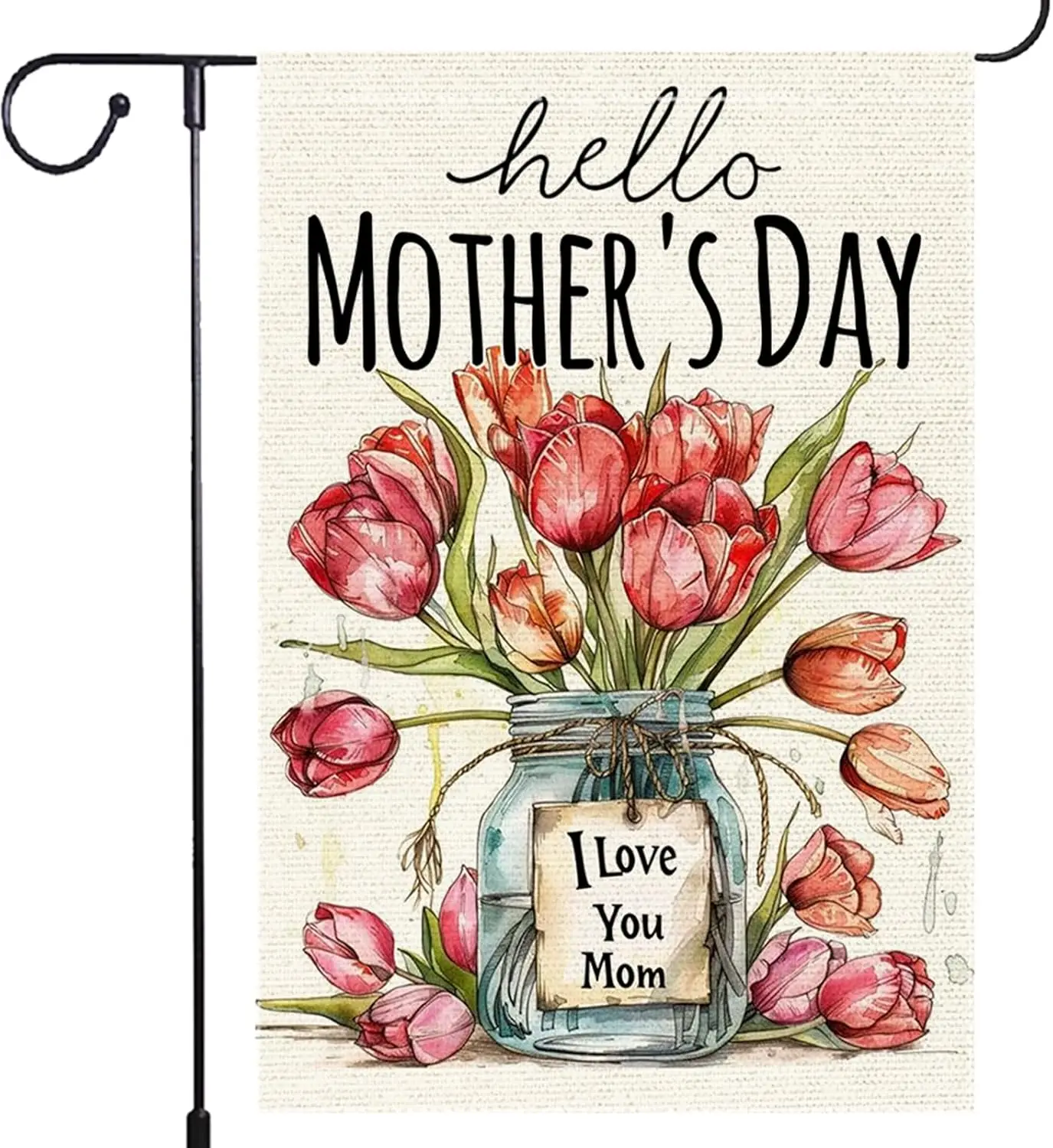 Happy Mother's Day Garden Flag 12x18 Inch Vertical Double Sided Burlap Small Floral Tulip Mason Jar Flower Home Yard Out WWP