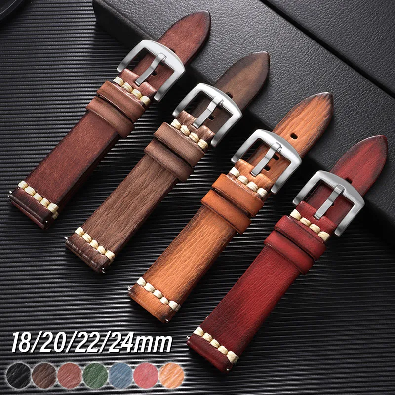 Hand Stitched Genuine Leather Watch Band 18mm 20mm 22mm 24mm Vintage Cowhide Strap Durable Casual Universal Bracelet for Panerai
