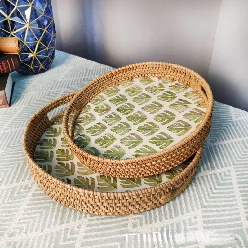 Rattan Creative Storage Tray Handmade Light Luxury Style Natural Shell Round Plate Home Living Room Organization Tray Decoration