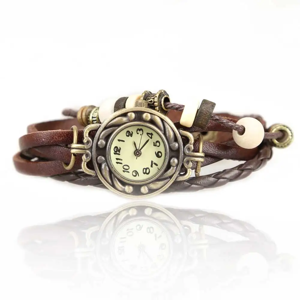 Reloj de cuarzo tipo pulsera Vintage, correa de cuero de correas, cuentas en forma de hoja, adecuado para mujeres estéticas decorativas versátiles