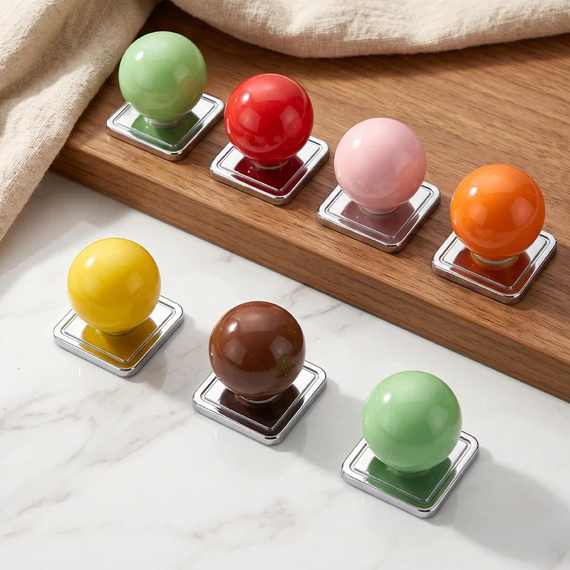 2Pcs Ceramic Ball Closet Door Pull Handles Square Base Cabinet Door Drawer Knob Handles Cupboard Wardrobe Furniture Pulls Decor
