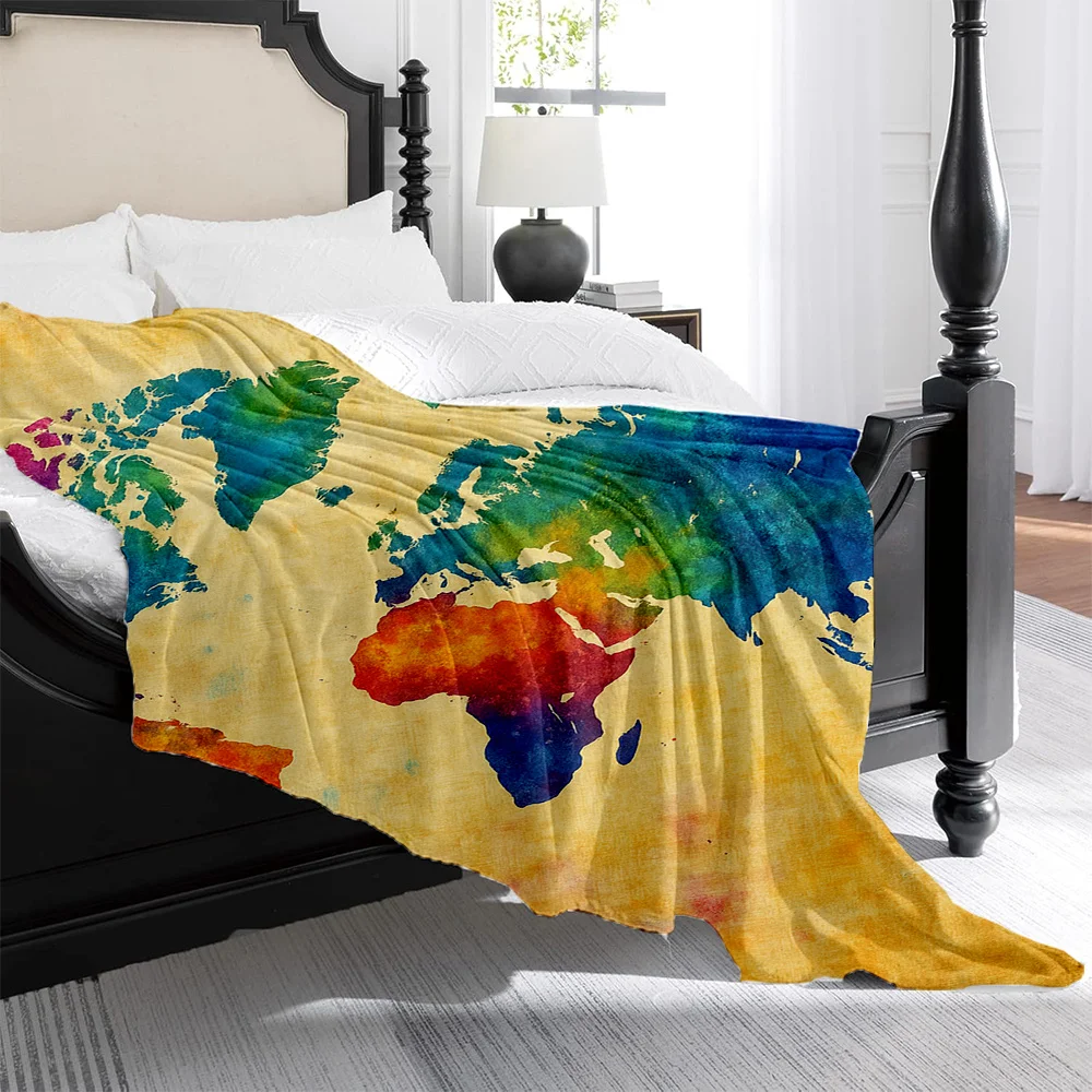 1pc, Van Gogh Starry Sky Watercolor World Map Printed Flannel Blanket, High-Density Flannel Blanket, Skin-Friendly Warm Blanket